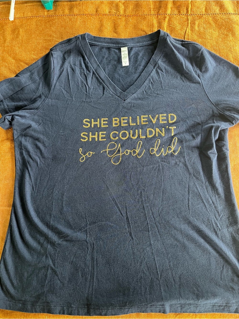 Women’s Navy V-Neck Graphic Tee – She Believed She Couldn’t